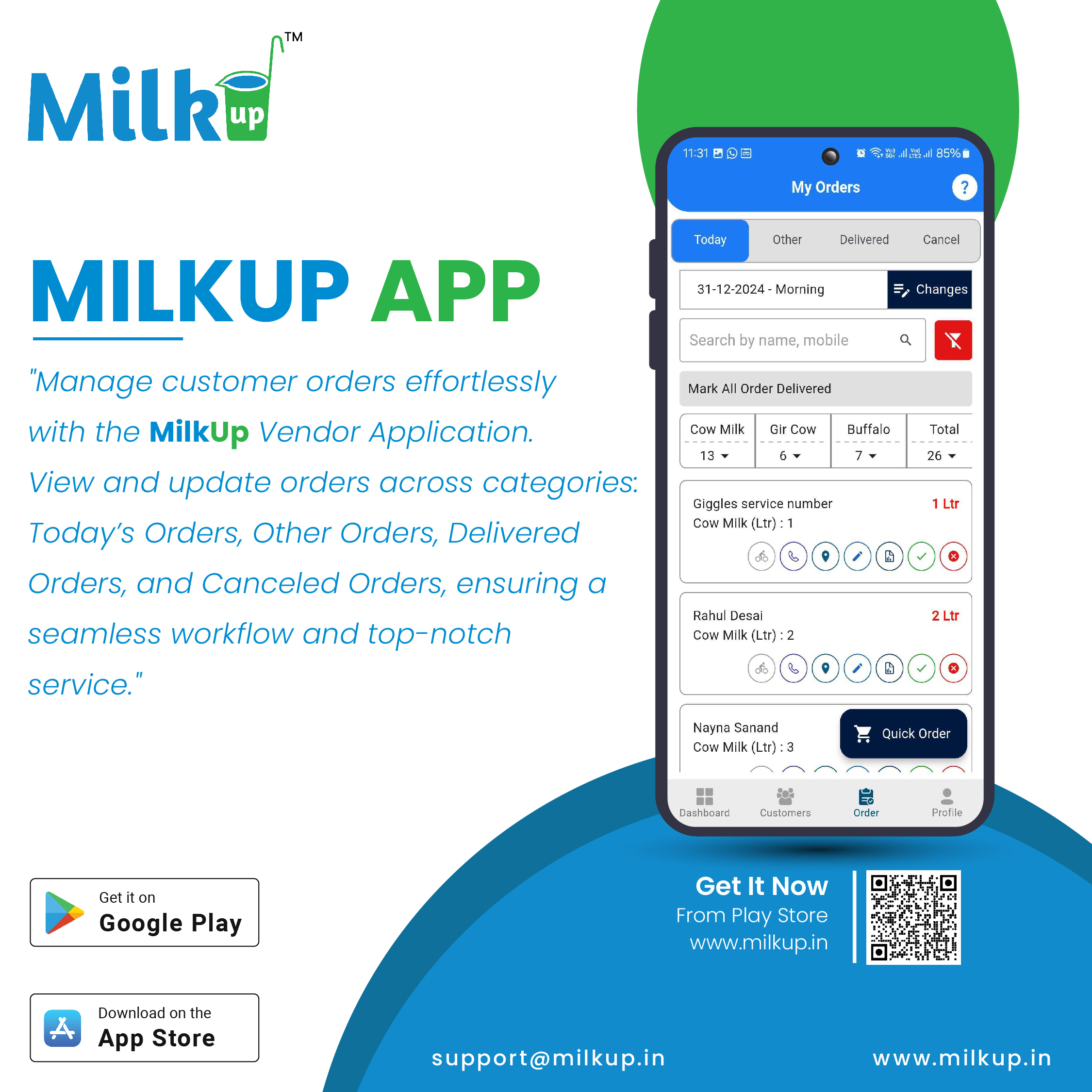 How to generate customer orders in the MilkUp Vendor application?
