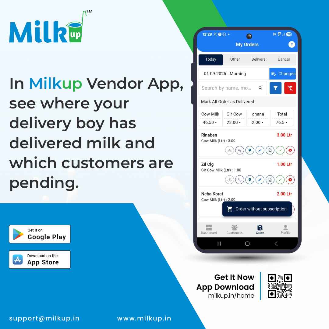 With MilkUp Vendor App, easily track where your delivery boy has delivered milk and which customers are still pending.